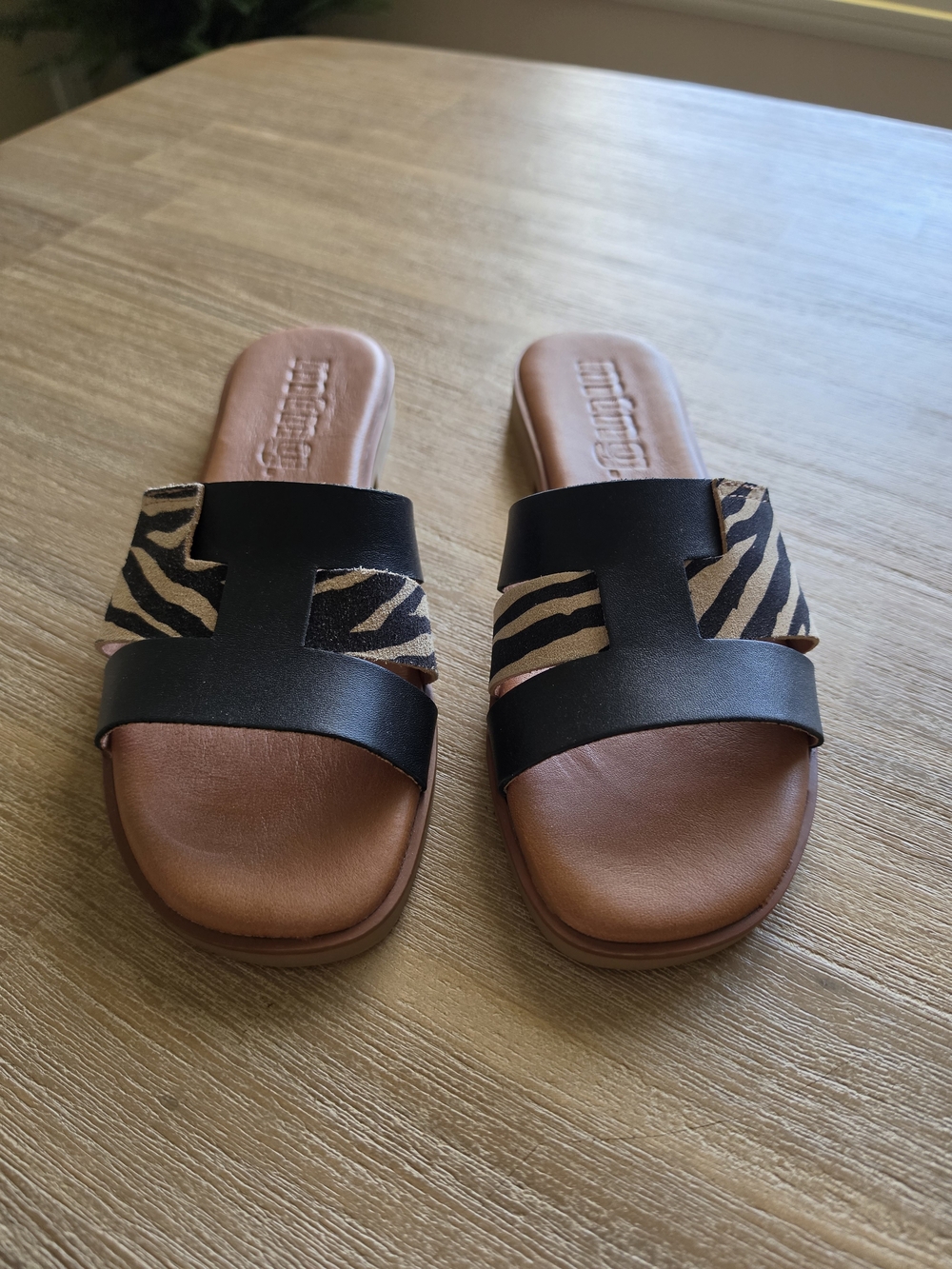MTNG Black & Tan Zebra-Accent Slide Sandals